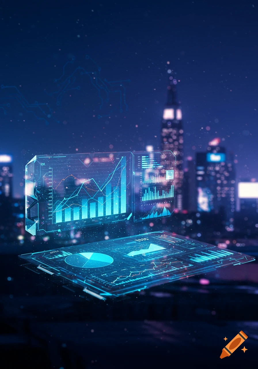 Futuristic holographic data displays with charts and graphs float above a night city skyline, representing business success measurement.