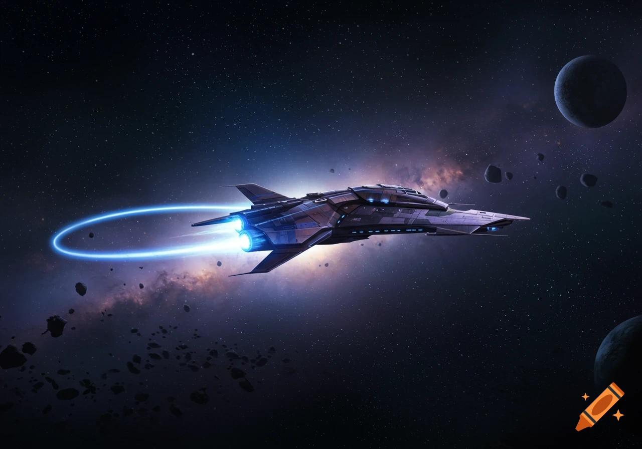 A futuristic spaceship with glowing blue thrusters and an energy ring flies through deep space, past planets and asteroids.
