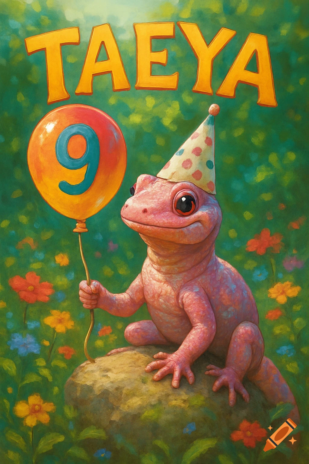 A pink lizard in a party hat holds a '9' balloon, with 'TAEYA' text above, against a green background with flowers.