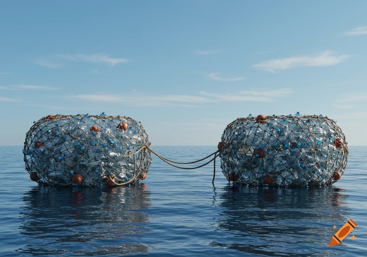 Two large, oblong fishing nets full of plastic water bottles float on a calm blue ocean, connected by a rope under a clear sky. Photorealistic.