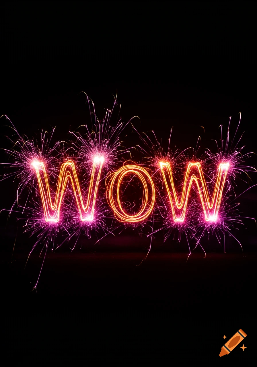 The word 'WOW' written in bright orange and pink light trails, resembling sparklers, against a dark background.