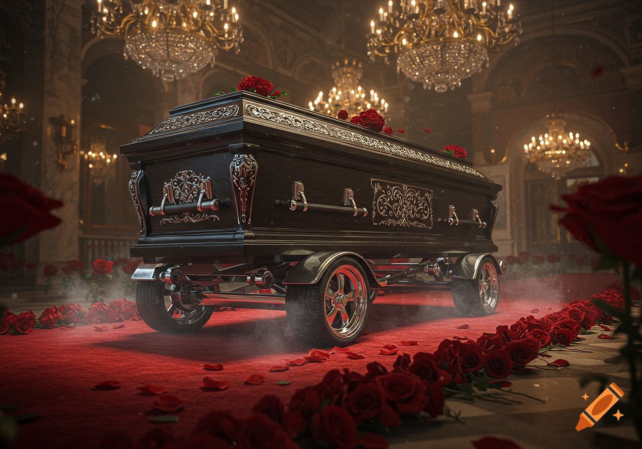 A highly ornate black coffin on chrome car wheels, resting on a plush red carpet strewn with red roses and petals, in a grand hall with sparkling chandeliers.