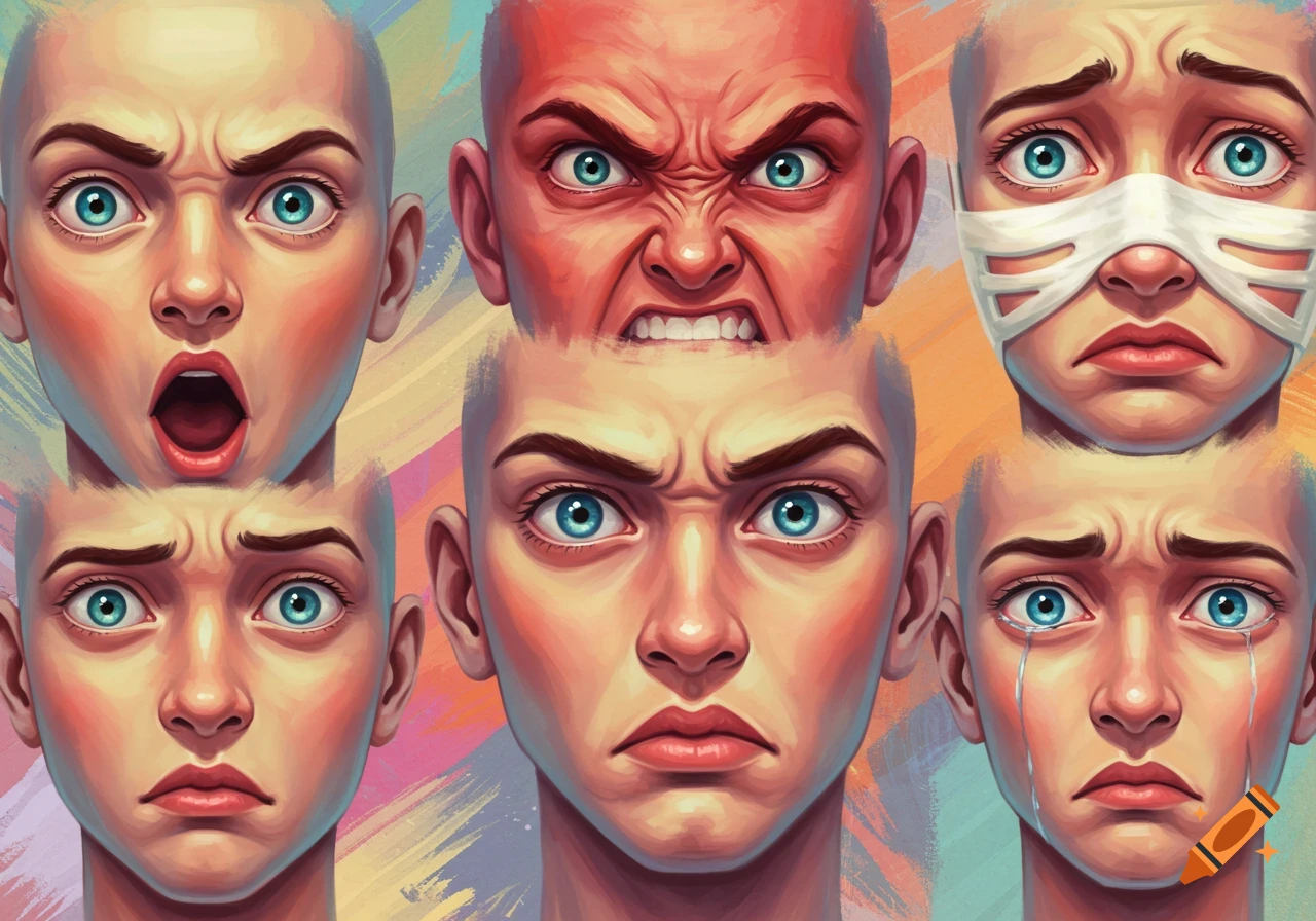 A collage of six stylized, bald human faces displaying emotions like surprise, anger, sadness, and fear on a colorful, brushstroke background.