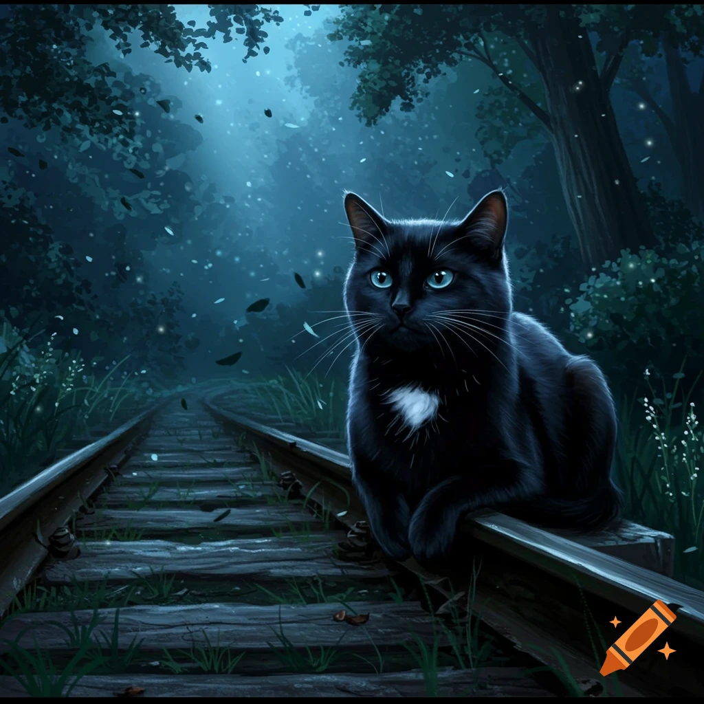 A black cat with a white chest patch and blue eyes sits on old railway tracks in a dark, glowing forest illustration.