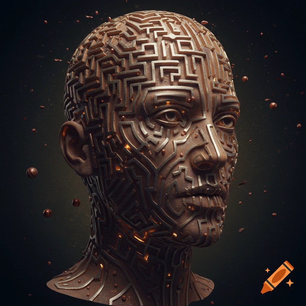 A detailed bust of a human head sculpted as an intricate bronze maze with glowing elements on a dark background.