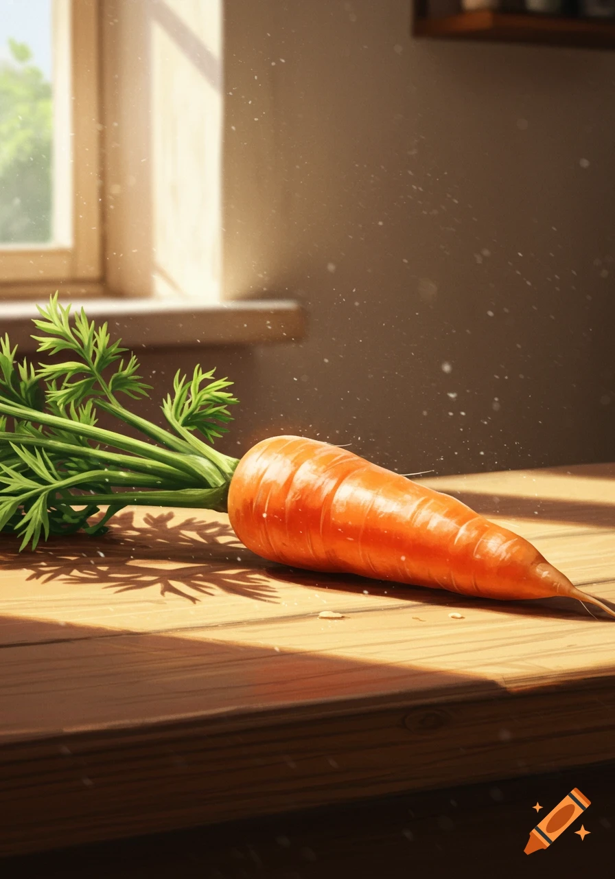 A fresh carrot with green tops lies on a sunlit wooden table near a window, digital painting.