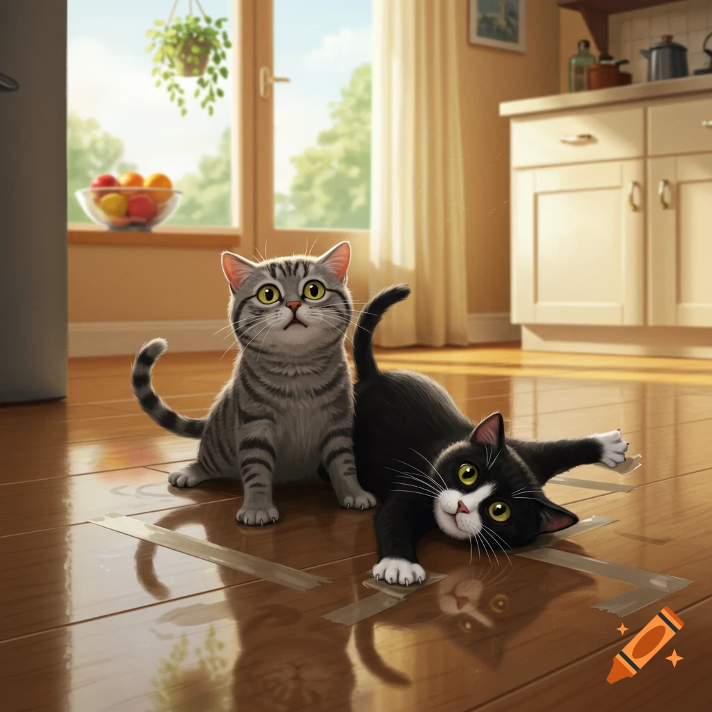 A striped gray cat and a black cat with white paws are comically stuck to a sunny kitchen floor with tape. Illustrated.