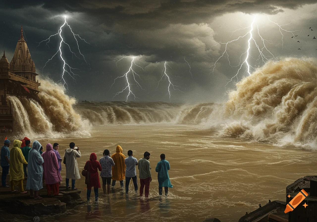 A group of people watch a massive river flood near a temple, under a dark, lightning-filled stormy sky.
