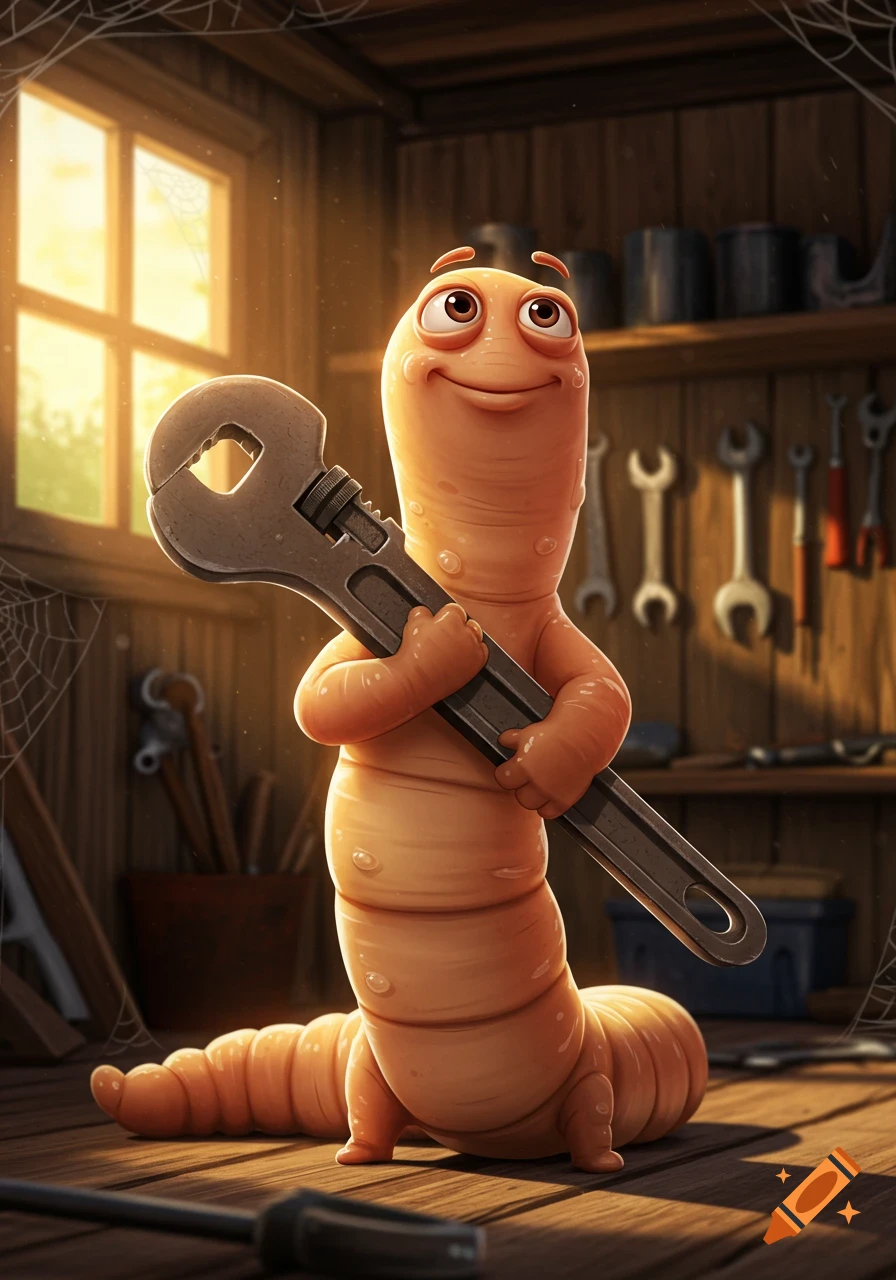 A cheerful, human-like cartoon worm holds a pipe wrench in a rustic wooden workshop filled with tools.
