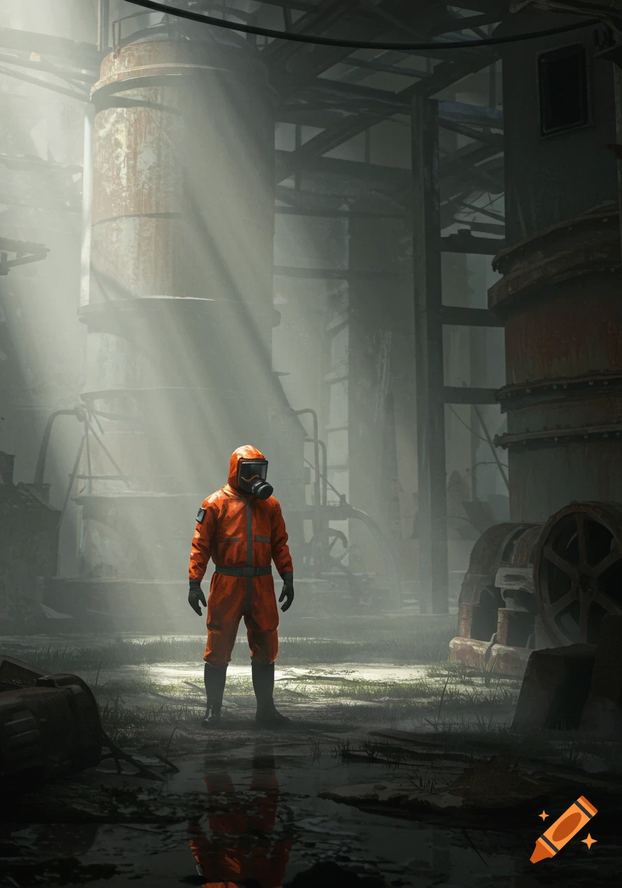 A person in an orange hazmat suit stands in a foggy, dilapidated industrial facility with light rays filtering through.