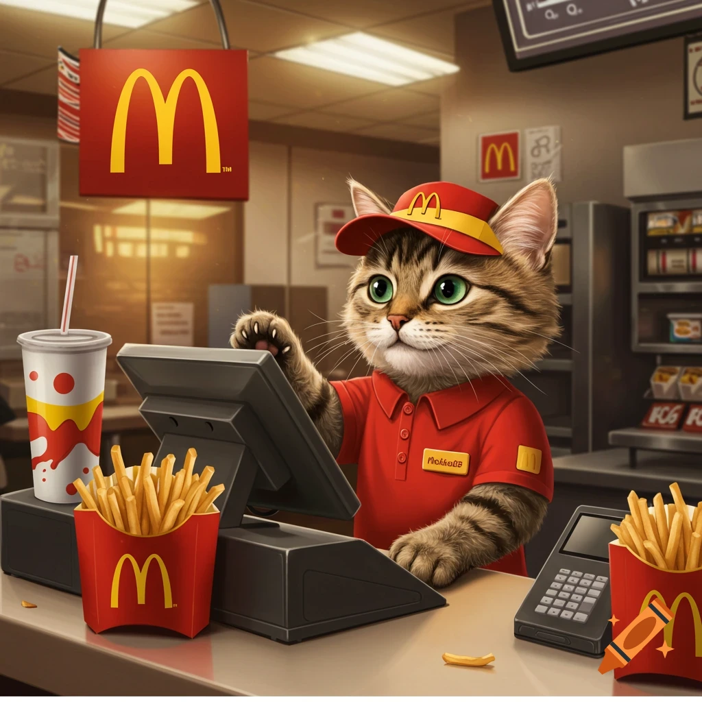 A cute anthropomorphic tabby cat wearing a McDonald's uniform works at a counter with fries and a drink in a McDonald's.