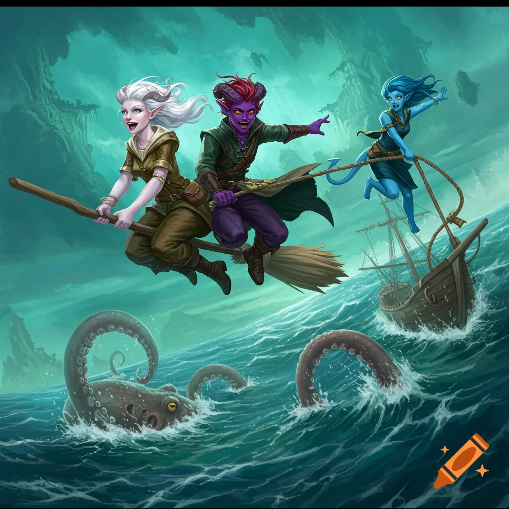Three fantasy tieflings fly on a broom and rope over a stormy ocean where an octopus attacks a ship, in an illustration.