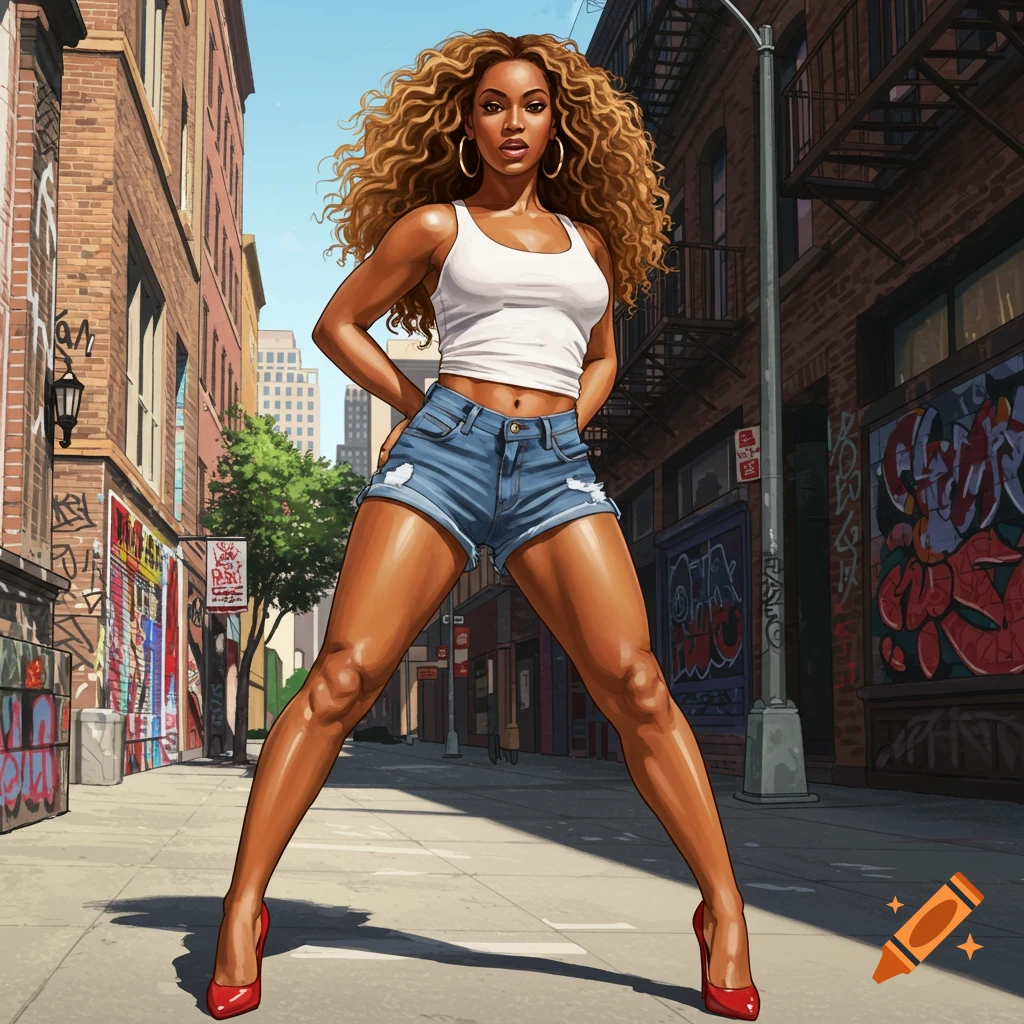 Cartoon Beyoncé in a white tank top, denim shorts, and red heels poses on a city street with graffiti.