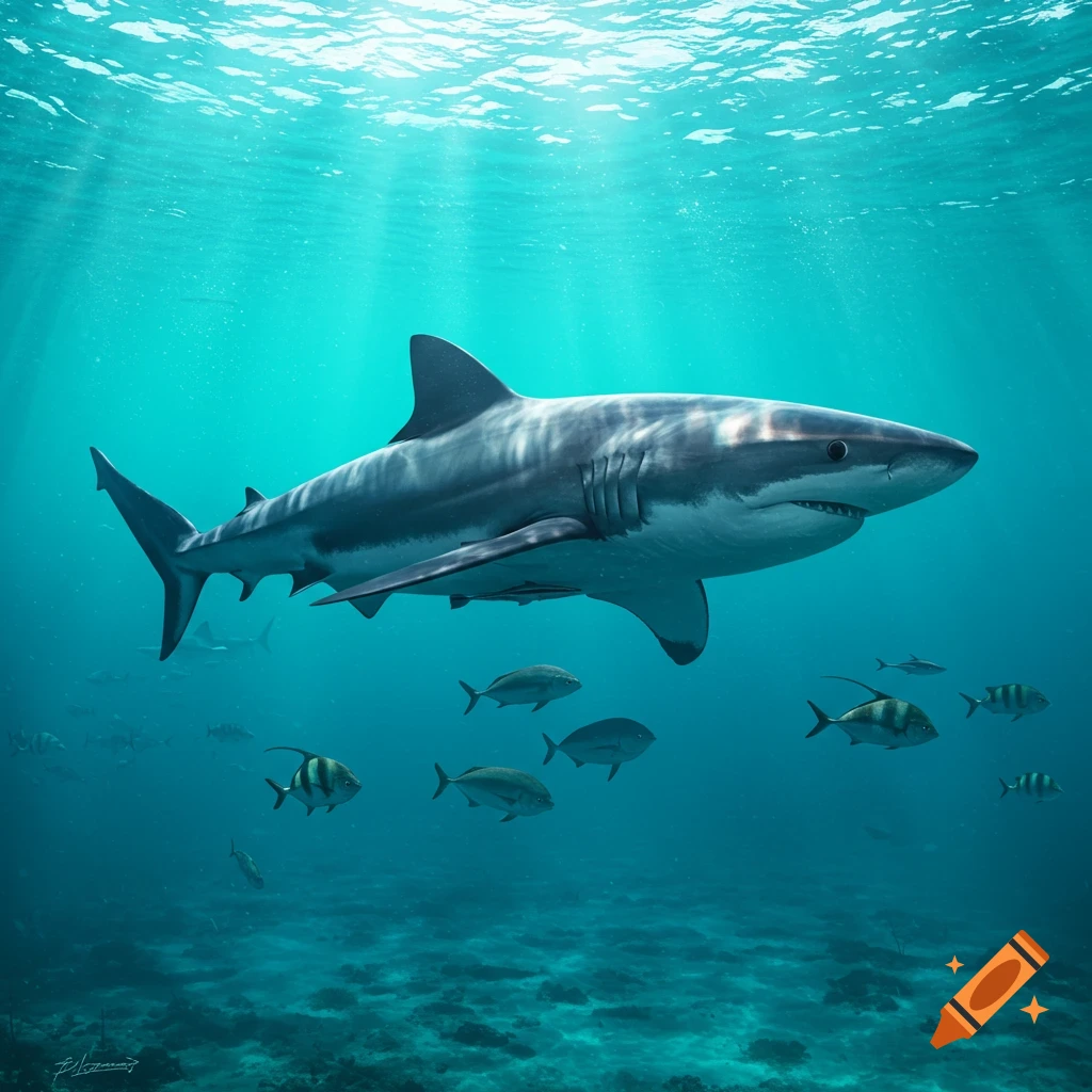Photorealistic great white shark swimming underwater, illuminated by sunbeams, surrounded by smaller fish and a visible seabed.