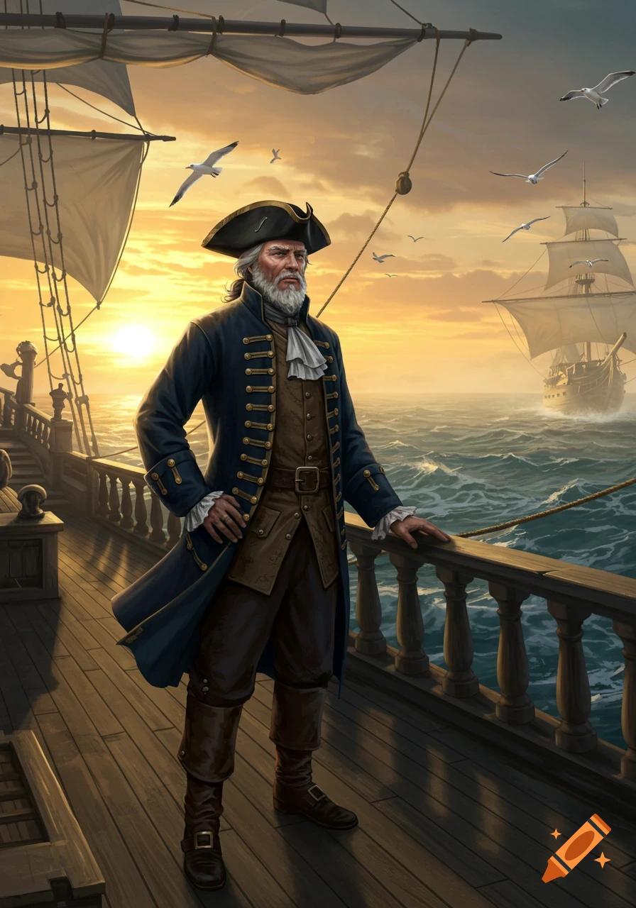A bearded pirate captain stands on his ship's deck at sunset, with another ship in the distance.