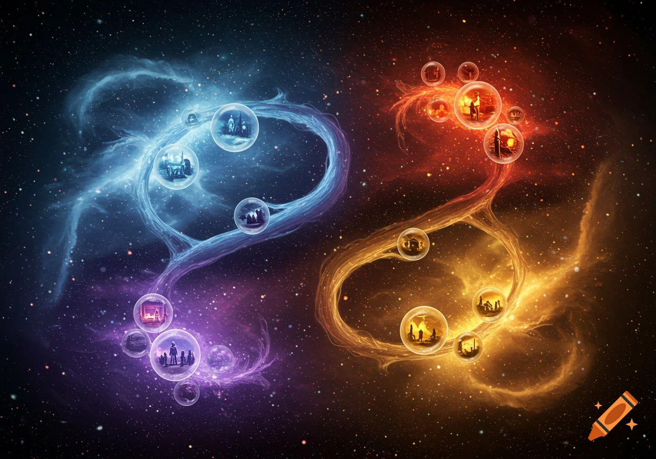 A cosmic scene with blue and orange nebulas forming intertwined paths. Numerous transparent bubbles containing miniature silhouette scenes float along the paths.