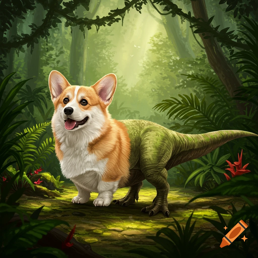 A corgi with a dinosaur body stands in a lush, green jungle with sunlight filtering through the trees, a whimsical illustration.