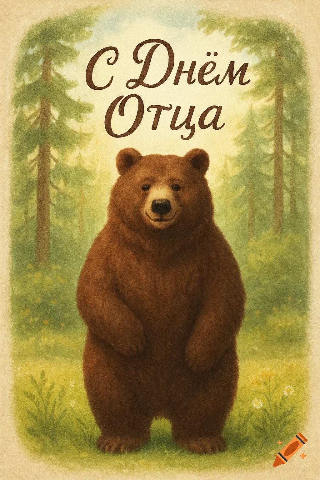 An illustration of a friendly brown bear standing in a forest, with Russian text 'Happy Father's Day' above it.