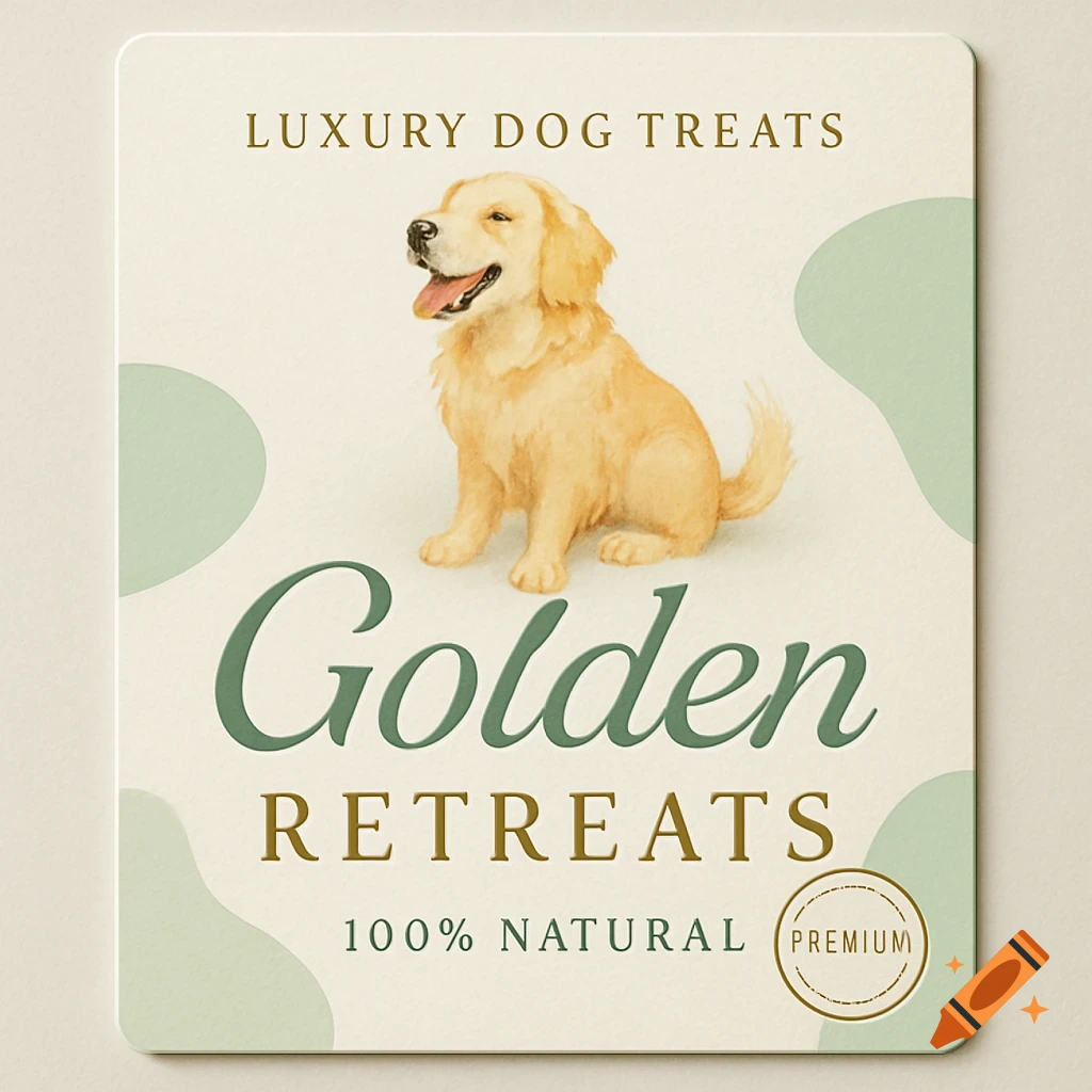 A minimalist luxury dog treat label with a watercolor golden retriever illustration, 'Golden RETREATS' branding, and '100% NATURAL PREMIUM' text.