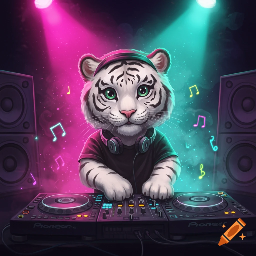A cute white tiger DJ with headphones, mixing on a deck under pink and cyan spotlights with floating music notes.