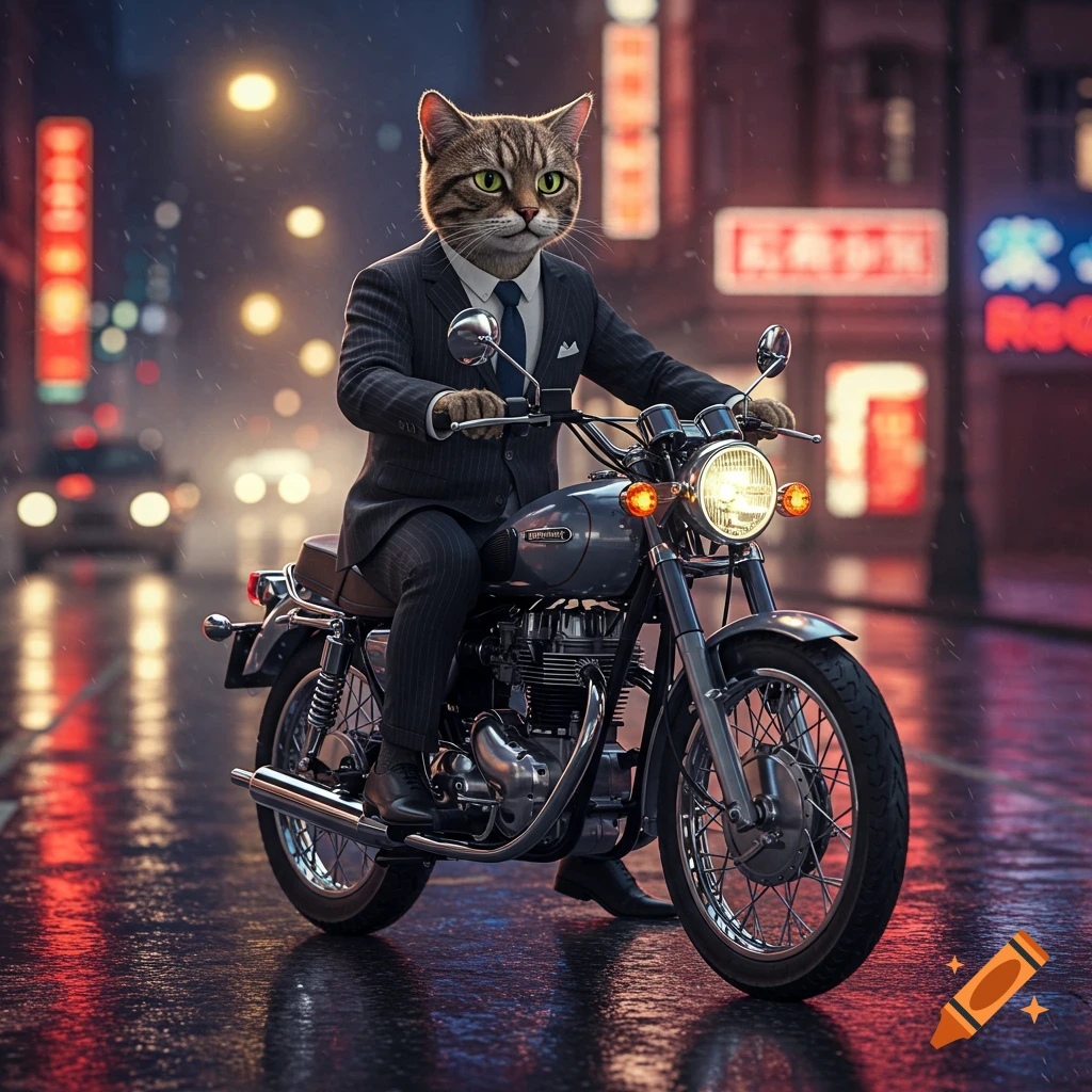 Photorealistic tabby cat in a pinstripe suit riding a vintage motorcycle on a rainy city street at night.