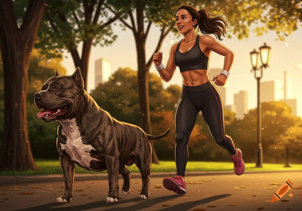 Digital art of a fit Latina woman jogging with her American Bully XL dog on a park path at sunset.
