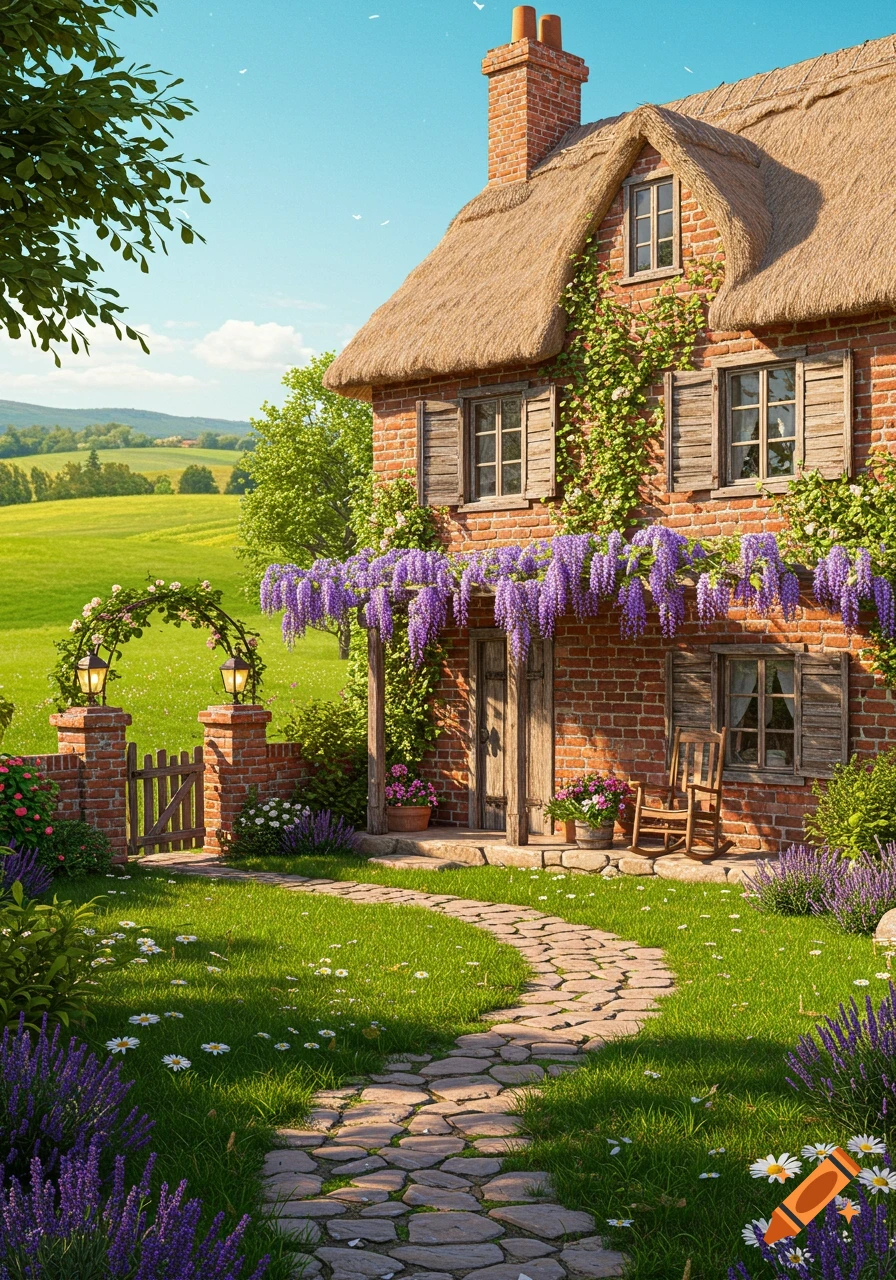 A charming brick cottage with a thatched roof and purple wisteria, surrounded by a lush green garden with a stone path.