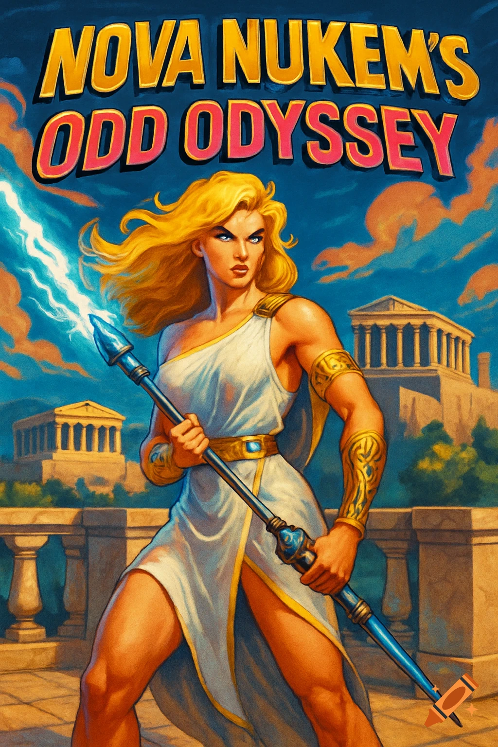 A muscular blonde heroine, Nova Nukem, on a marble terrace in Ancient Greece, wielding a glowing plasma spear. 1990s action game poster with title NOVA NUKEM'S ODD ODYSSEY.