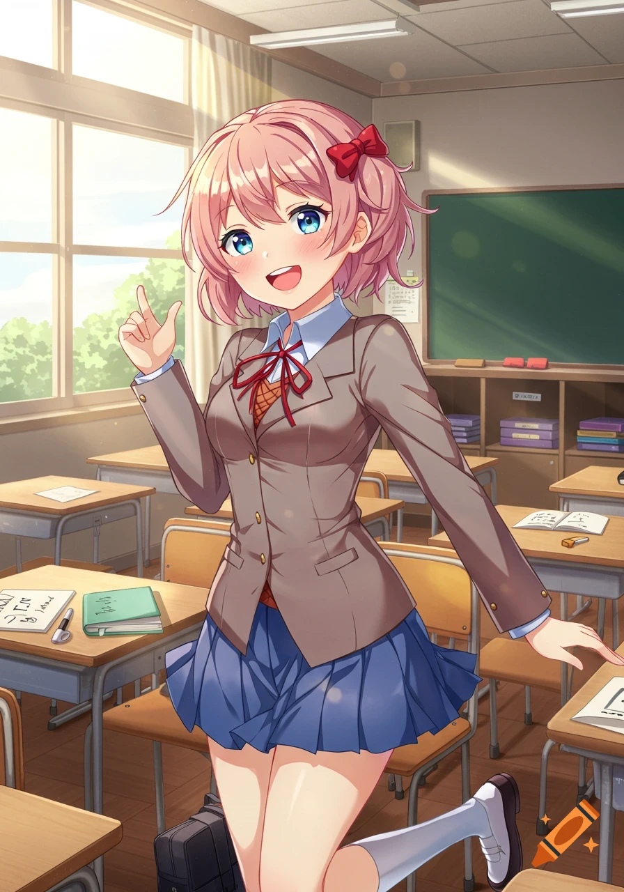 An anime girl with short pink hair and a red bow, wearing a school uniform, smiles in a brightly lit classroom and points upwards.