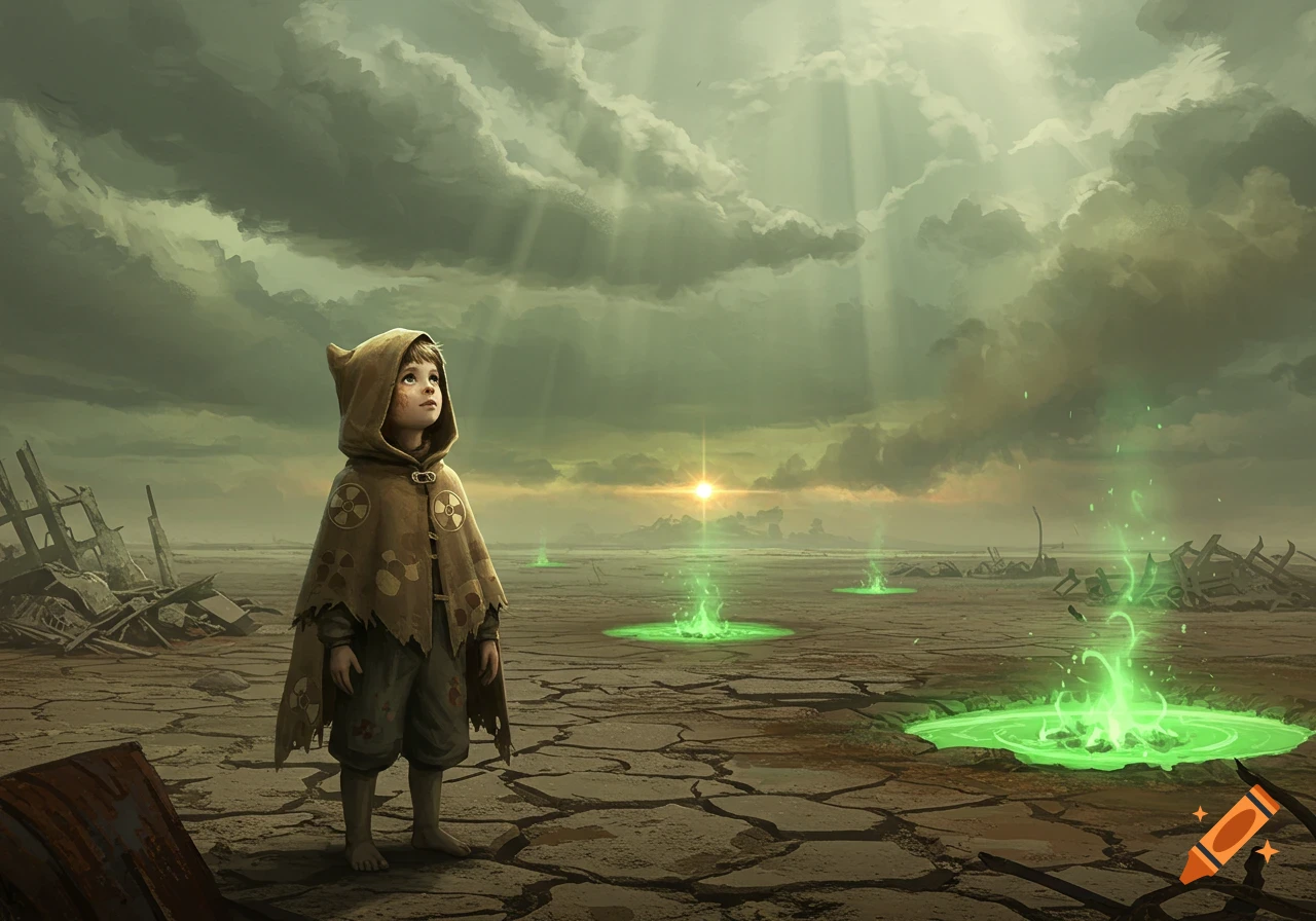A child in a hooded cloak with radioactive symbols looks up at a stormy sky in a cracked wasteland with green glowing pools, digital painting.