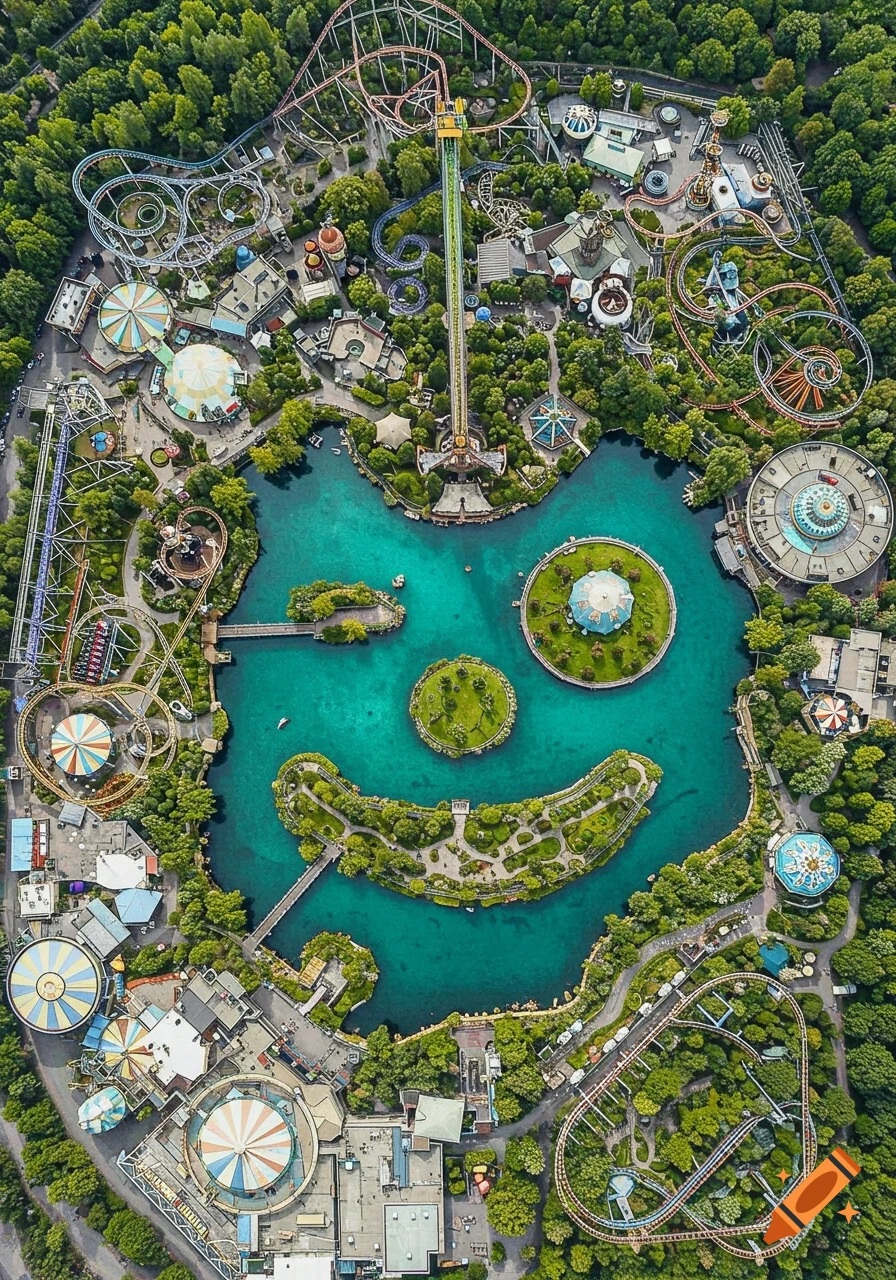 Aerial view of a sprawling amusement park featuring numerous roller coasters and rides, a vibrant blue lake shaped like a smiley face, and lush green trees.