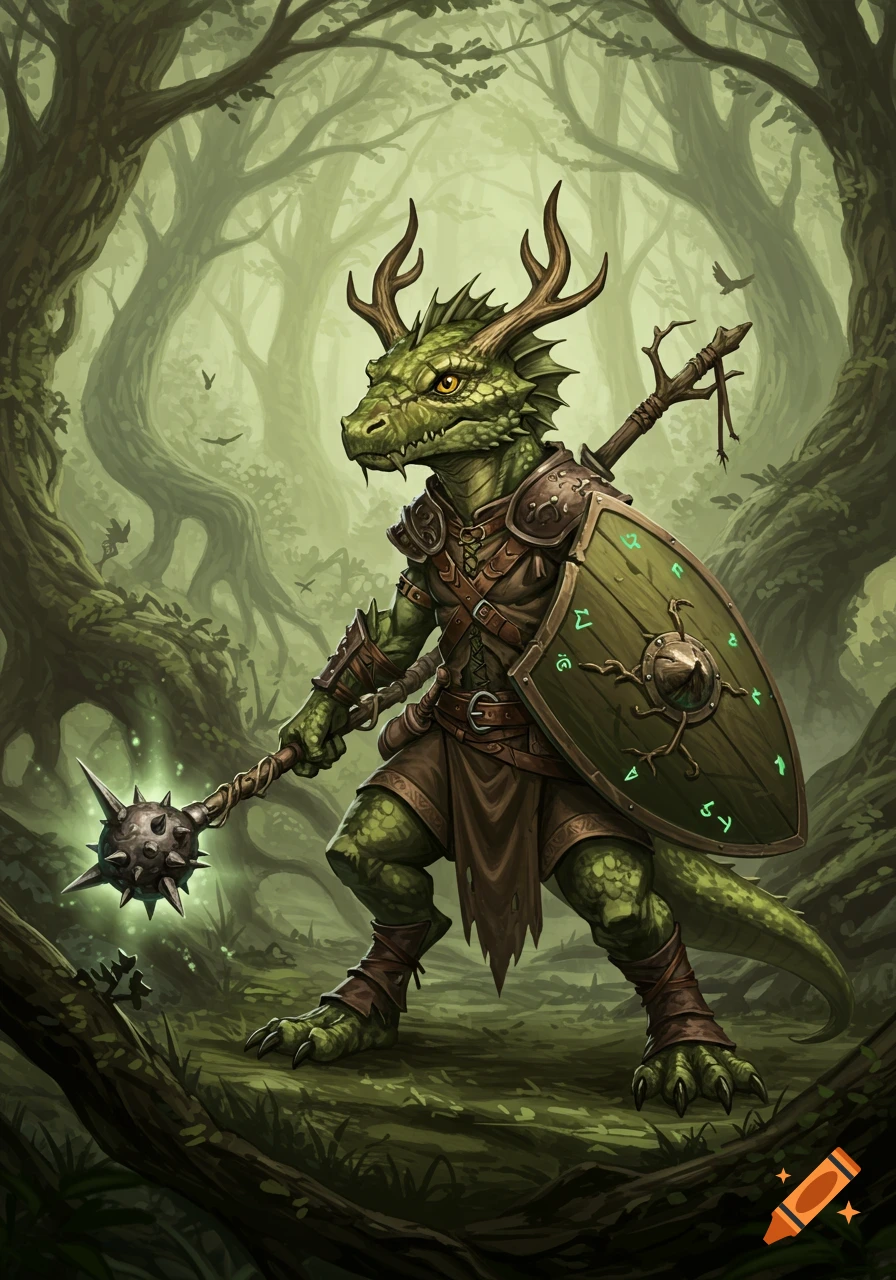 A green scaly kobold druid with antlers, holding a spiky morningstar and a runic wooden shield, stands in a misty forest.