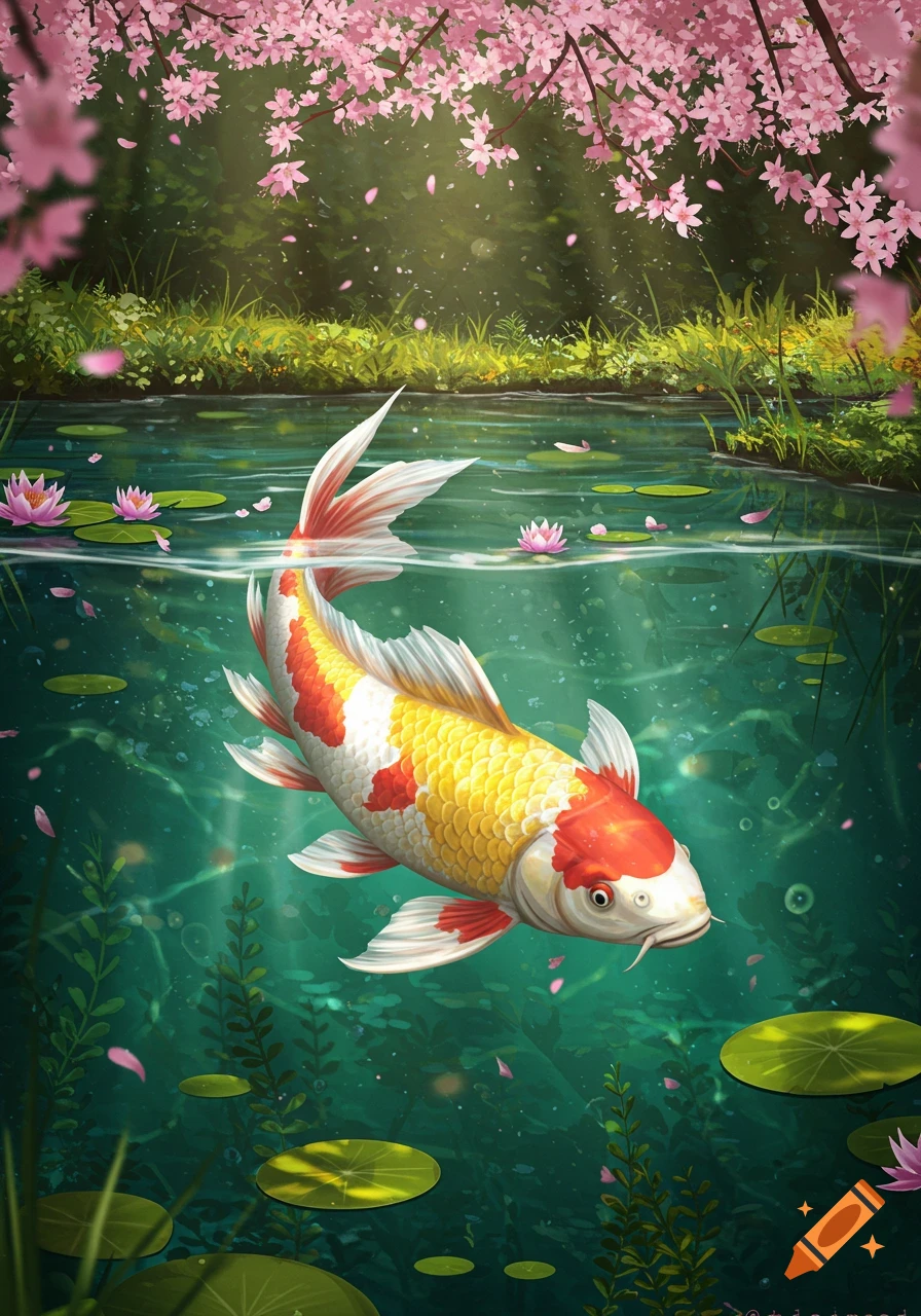 Vibrant illustration of a red, white, and gold koi fish swimming in a green pond with lily pads and pink cherry blossoms falling.