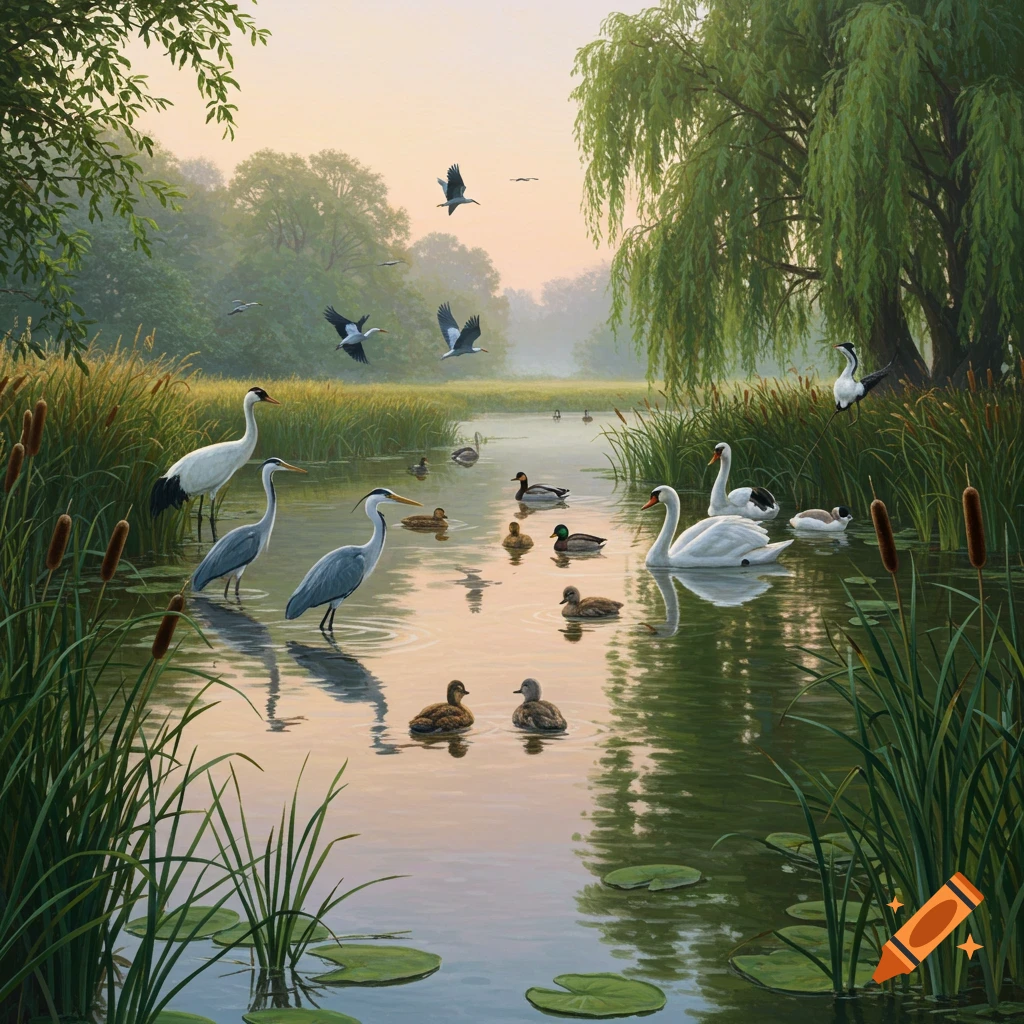 Realistic depiction of diverse birds including herons, cranes, ducks, and swans in a peaceful, misty wetland with reeds and trees.