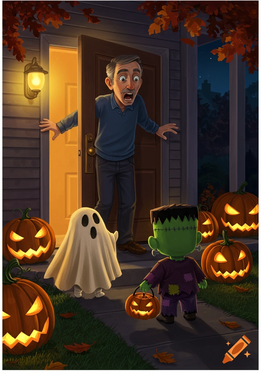 Illustration of a man looking surprised as he opens his door to a child in a ghost costume and another in a Frankenstein costume trick-or-treating on Halloween, surrounded by jack-o'-lanterns.