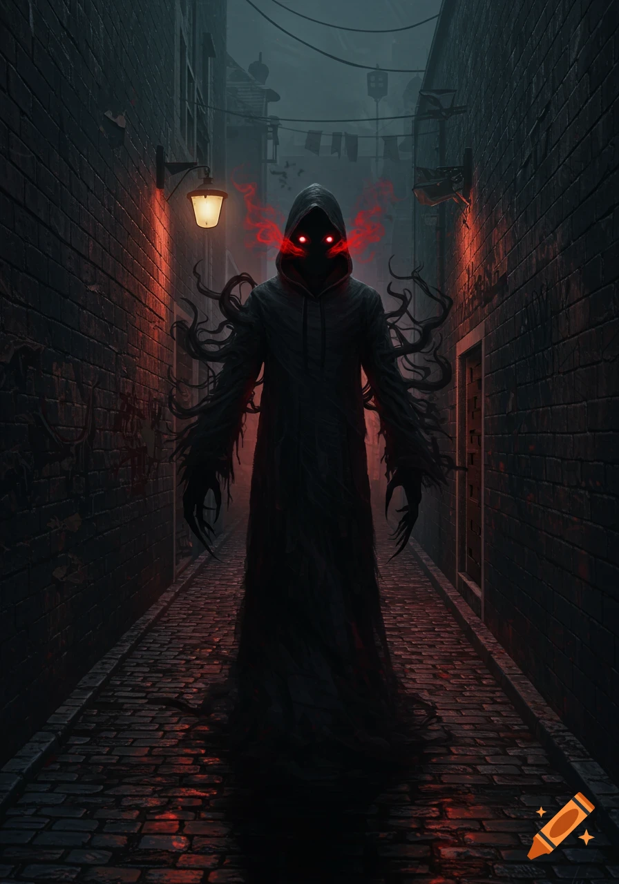 A terrifying hooded shadow figure with glowing red eyes and tendrils emerges from a dark, cobblestone alleyway.