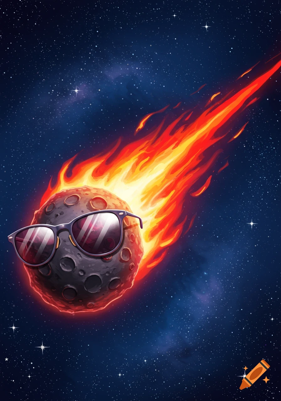 A cartoon meteor with dark sunglasses flies through a starry space, leaving a fiery red and orange trail.