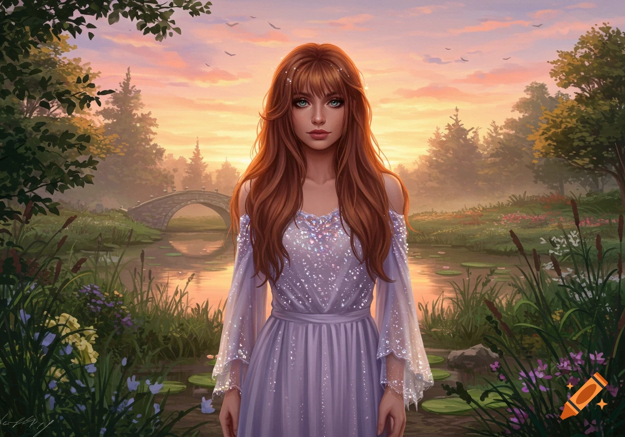 Young woman with long reddish-brown hair in a sparkly lavender dress stands by a pond in a garden at sunset, with a stone bridge.