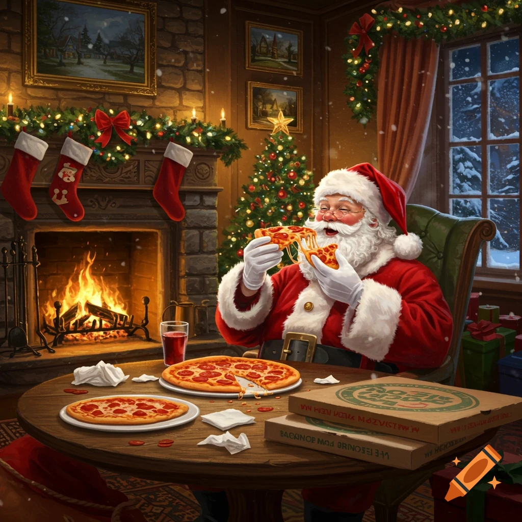 Santa Claus happily eats pizza slices in a cozy, festive Christmas living room with a fireplace and Christmas tree.