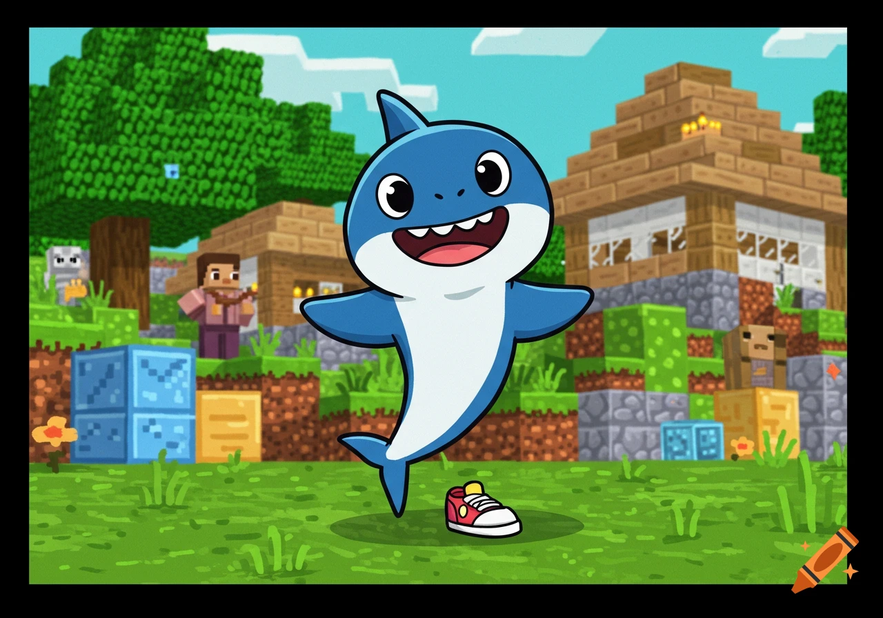 A cute cartoon baby shark wearing colorful sneakers, dancing in a vibrant Minecraft village with blocky trees and houses.