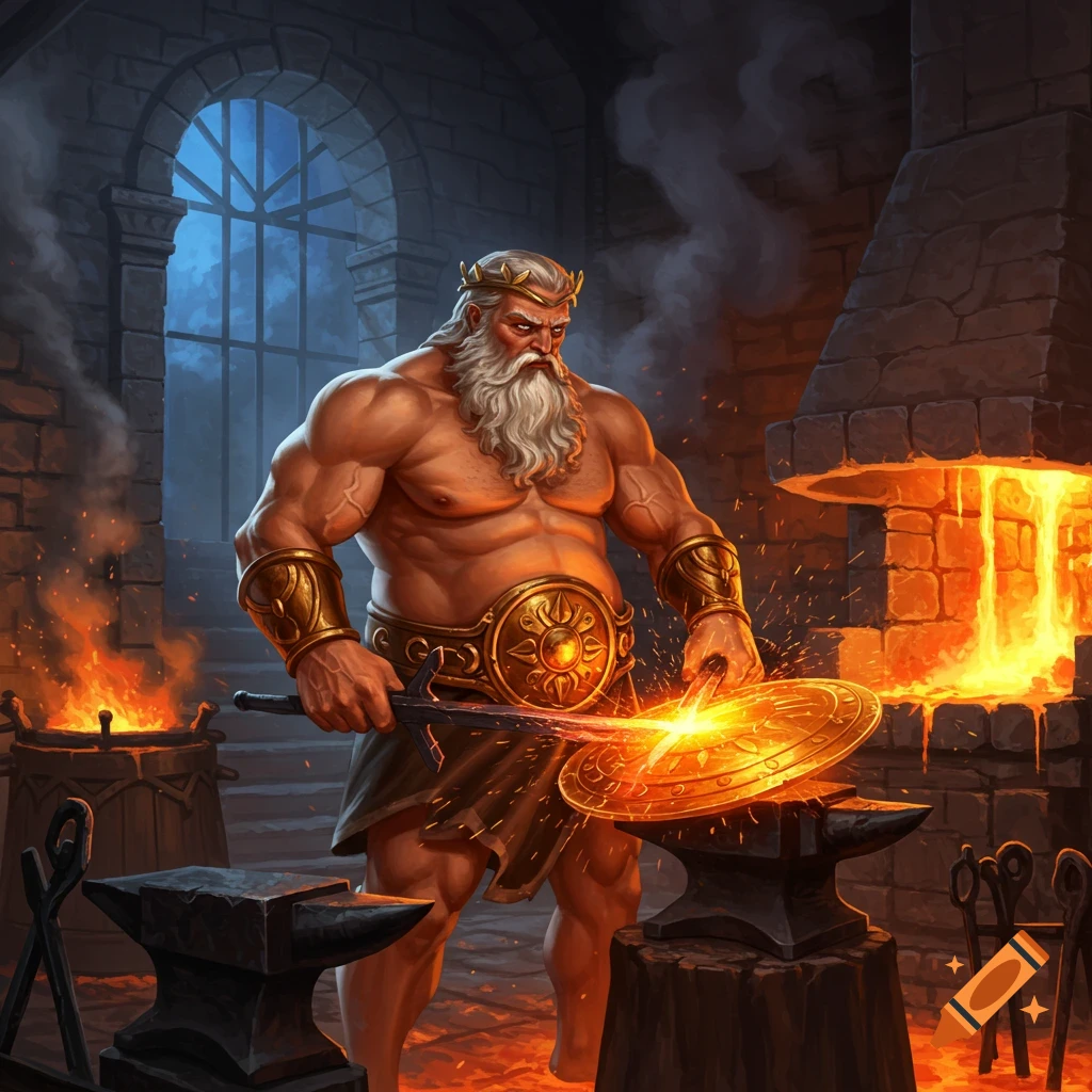 A muscular, bearded man, resembling Hephaestus, forges a glowing shield in a fiery blacksmith's workshop.
