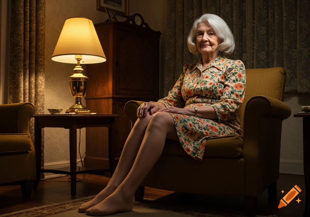 An elderly woman with white hair, wearing a floral dress and sheer stockings, sits in a dimly lit 1970s living room.