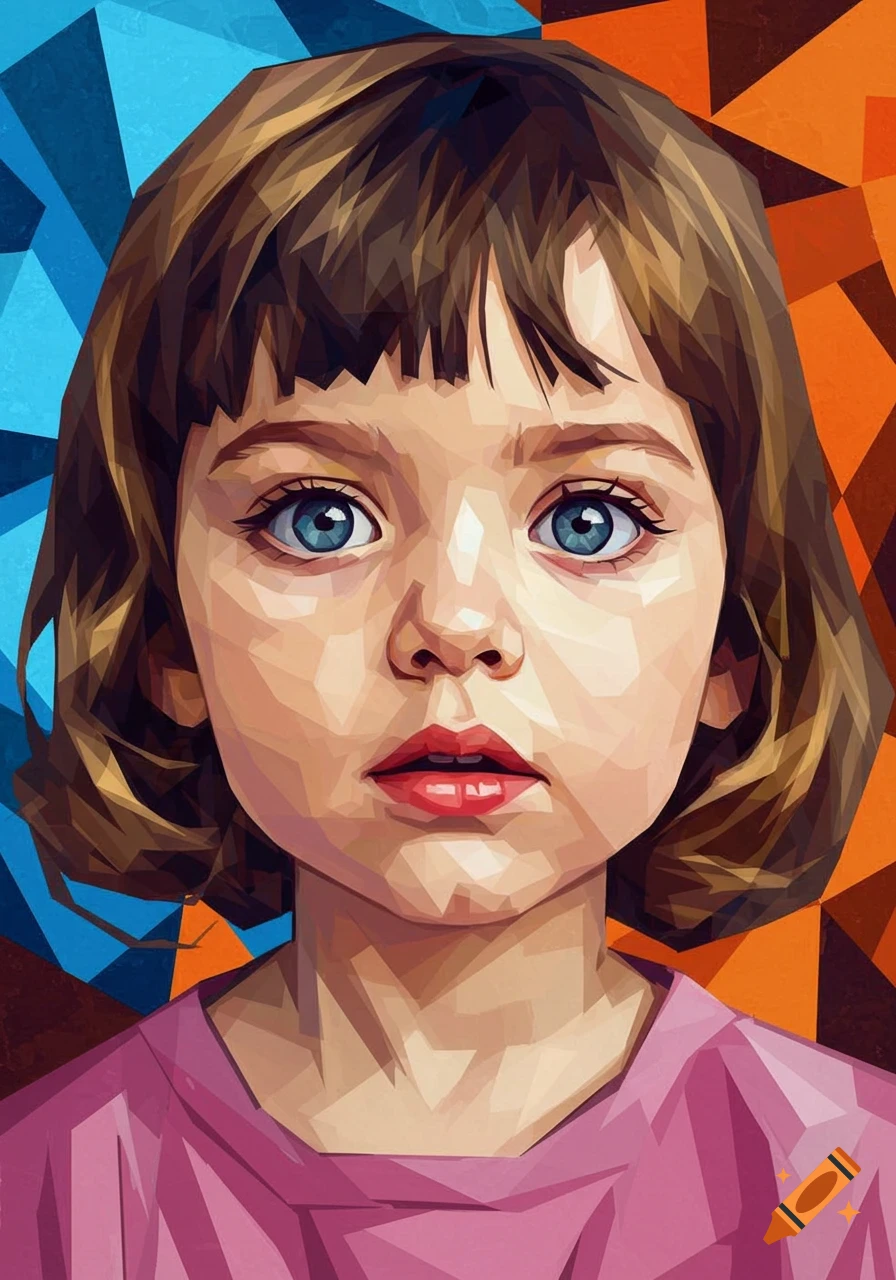 Cubist style portrait of a young girl with blue eyes and brown hair, against an abstract blue and orange background.