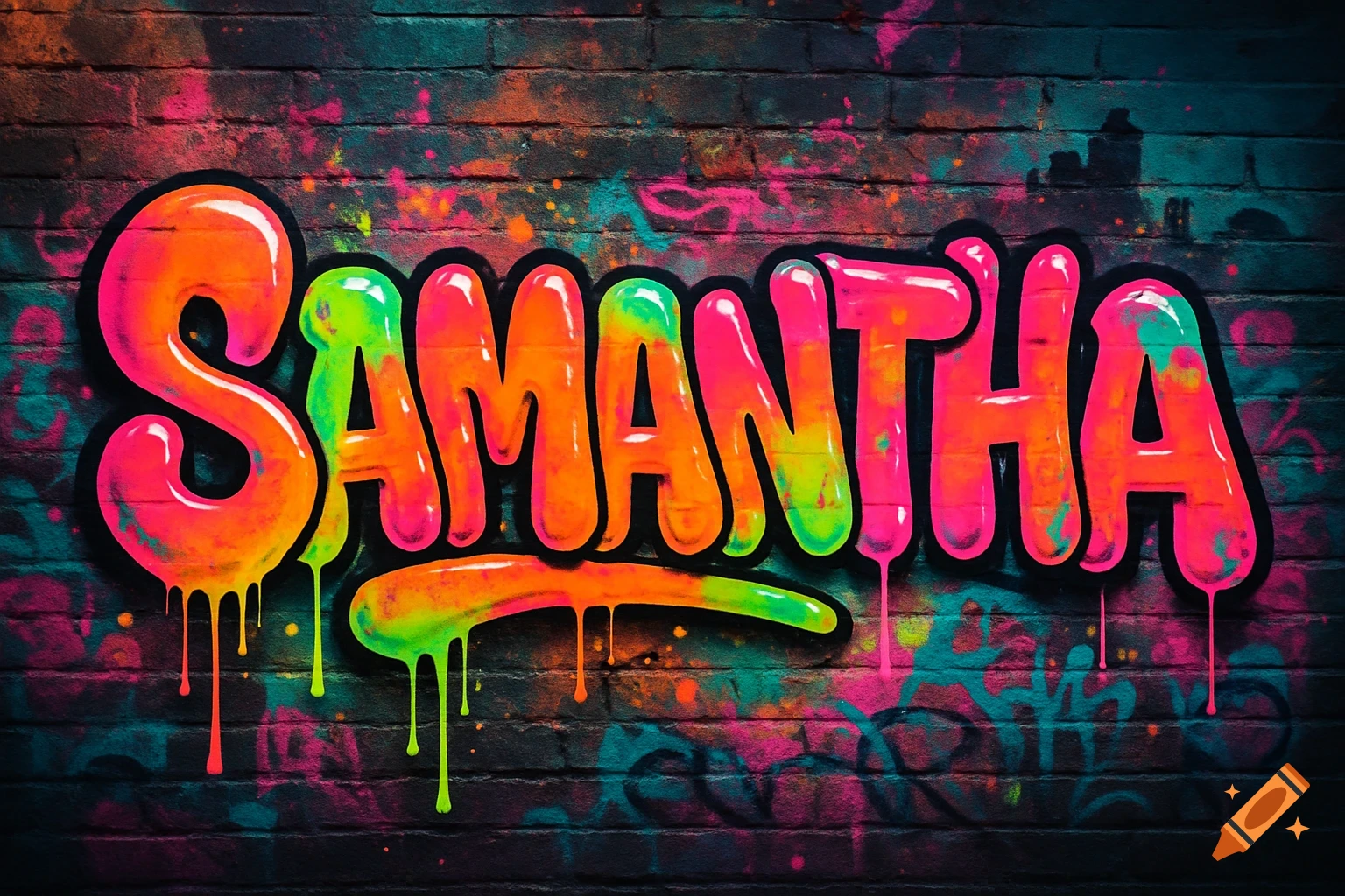 Neon graffiti bubble letters spelling 'Samantha' with dripping paint on a brick wall.