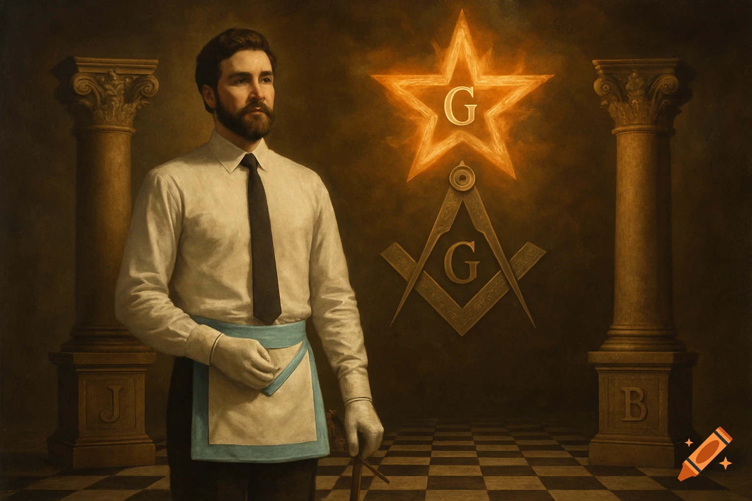 A man in a white shirt and Masonic apron stands between two pillars, with a glowing star and compass-and-square symbol behind him in a realistic painting.