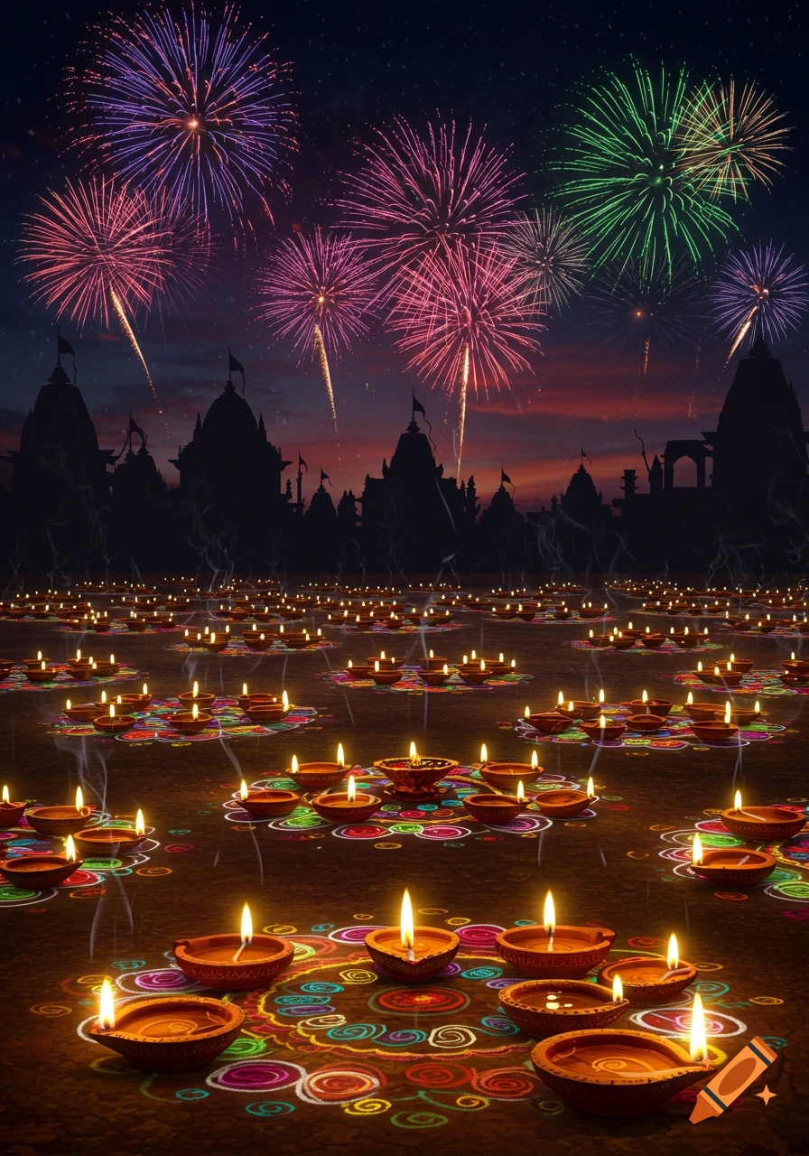 Vibrant Diwali celebration with lit diyas on water, colorful patterns, silhouetted temples, and fireworks in the night sky.
