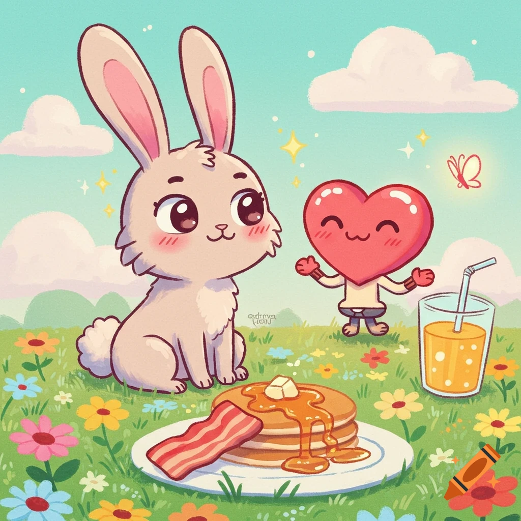 A cute cartoon bunny and a smiling heart character sit in a field of flowers with pancakes, bacon, and orange juice.