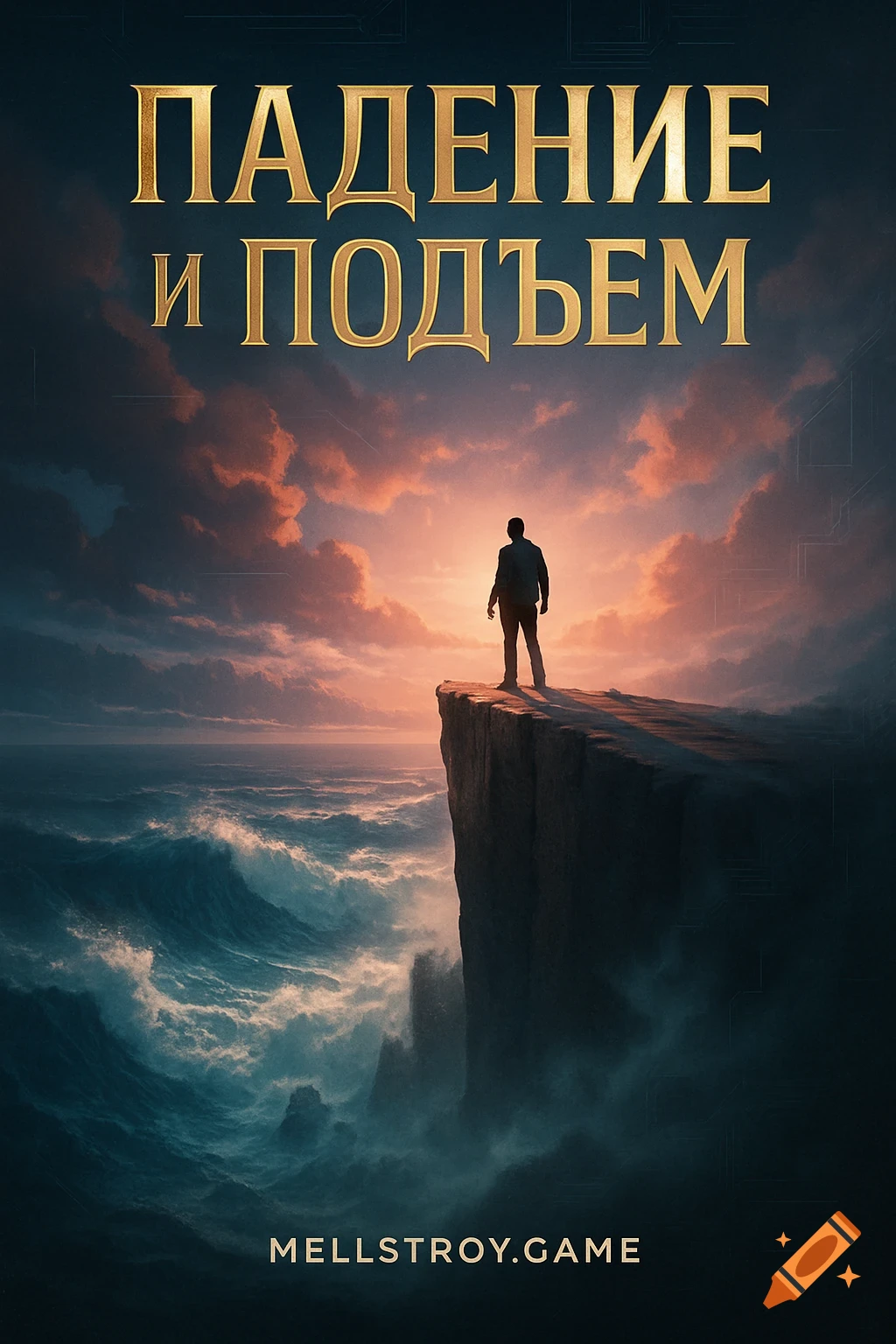 Dramatic movie poster of a man on a cliff overlooking a stormy sea at sunset with Russian text.