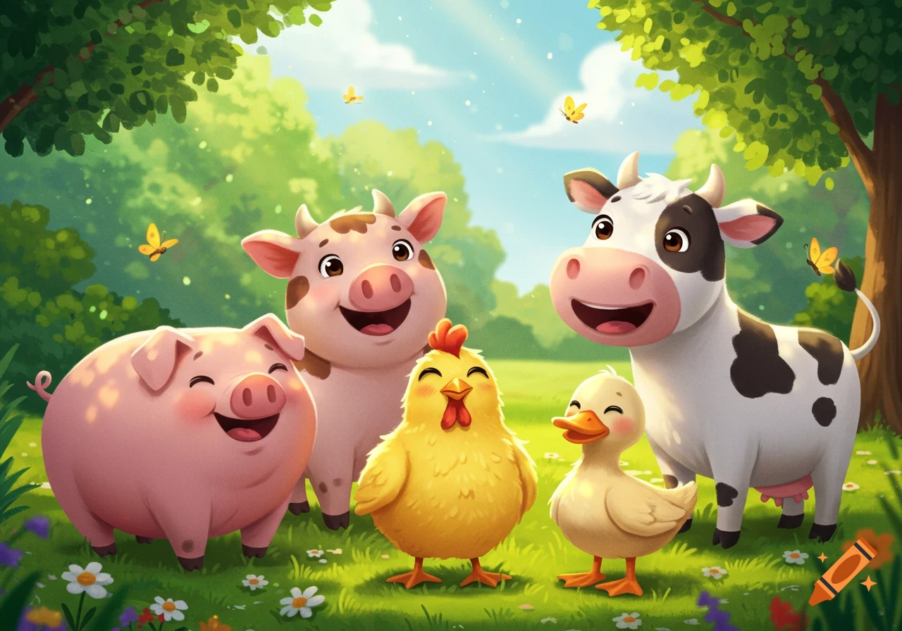 A group of cute cartoon farm animals including a pig, two cows, a chicken, and a duck, all smiling in a sunny green field.