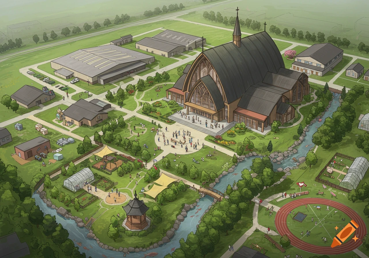 Isometric illustration of a training institute campus featuring a large church, gardens, a stream, and various other facilities.